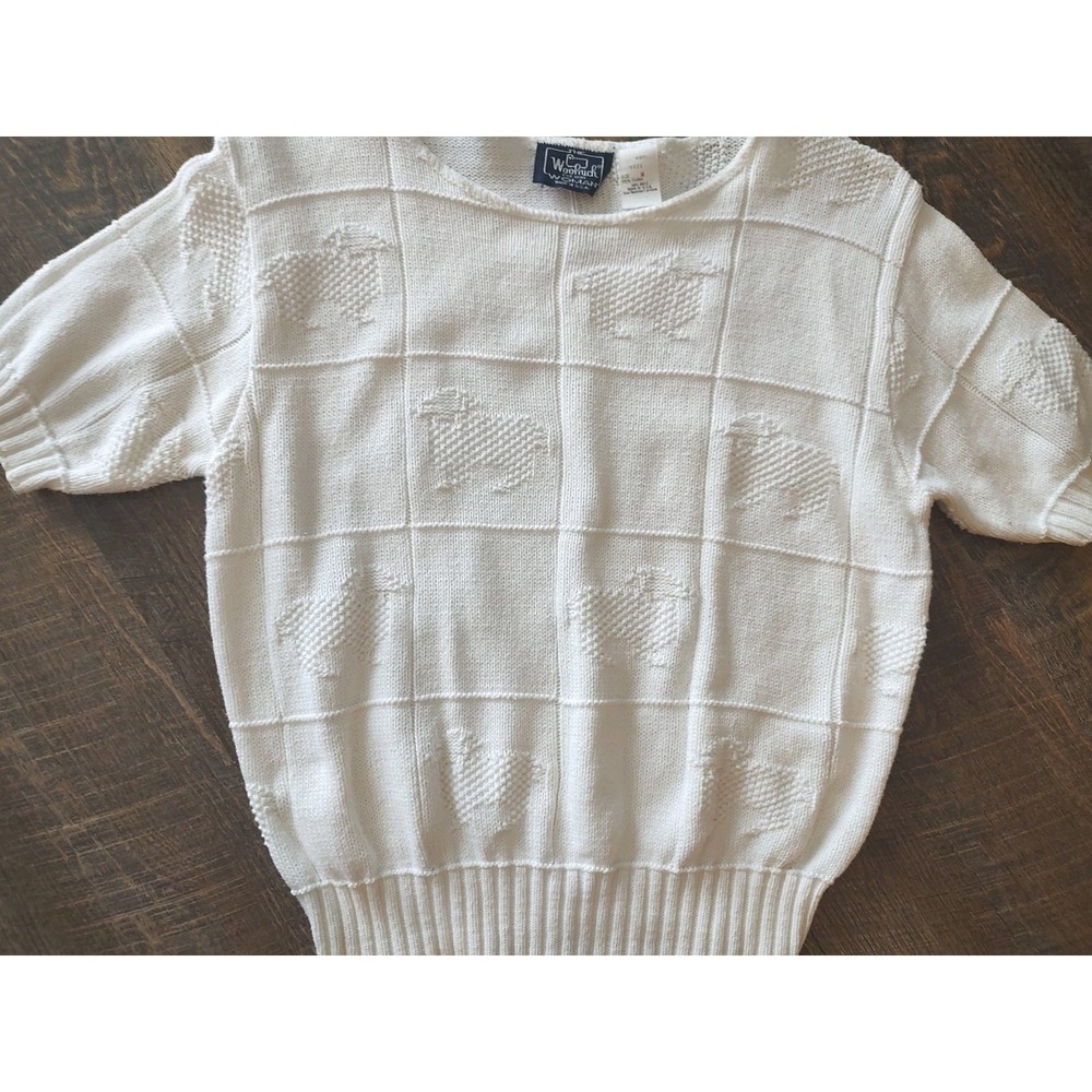 Vintage Cream Short-Sleeve Knit Sweater with Textured Grid